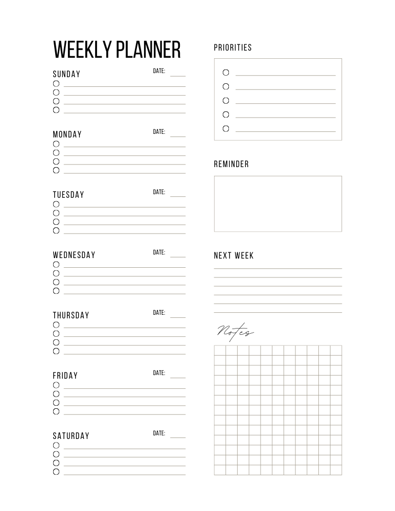 Weekly Calendar Printables - Weekly Planners » Paper Dream Printables
